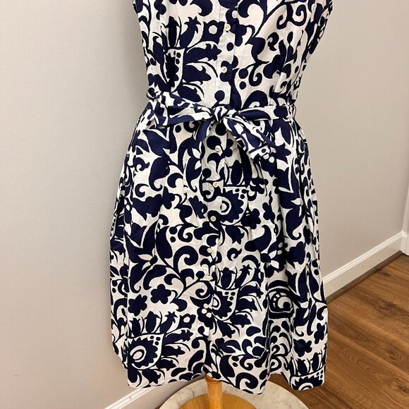 Talbots Poplin Fit & Flare Blue and White Tie Waist Dress - Jacobean 14P - Picture 15 of 16